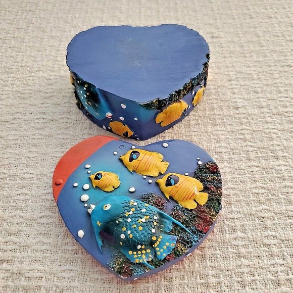Colorful Hand Painted Heart Shaped Tropical Fish Trinket Box Ceramic 3D Fish - Picture 8 of 8